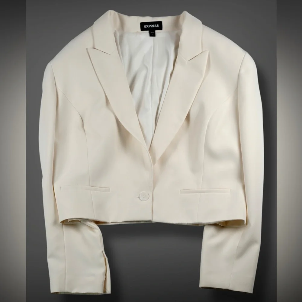 Express Women’s Ivory Cropped Blazer Tailored One Button Jacket Size XL